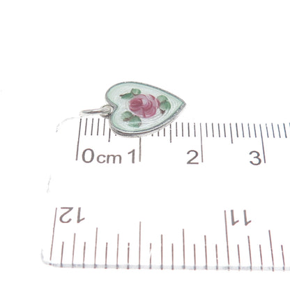WELLS Sterling Silver Antique Enamel Rose Flower Heart Minimalist Charm Pendant