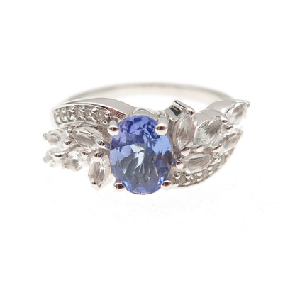 925 Sterling Silver Real Oval-Cut Tanzanite & White Topaz Ring Size 8