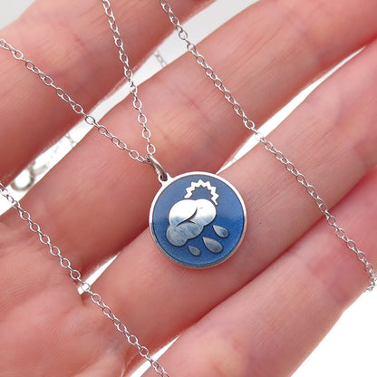 925 Sterling Silver Enamel Sunshower Cloud & Raindrop Cable Chain Necklace 18"