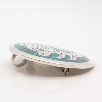 925 Sterling Silver Vintage Mexico Turquoise Gem Inlay Tribal Brooch / Pendant