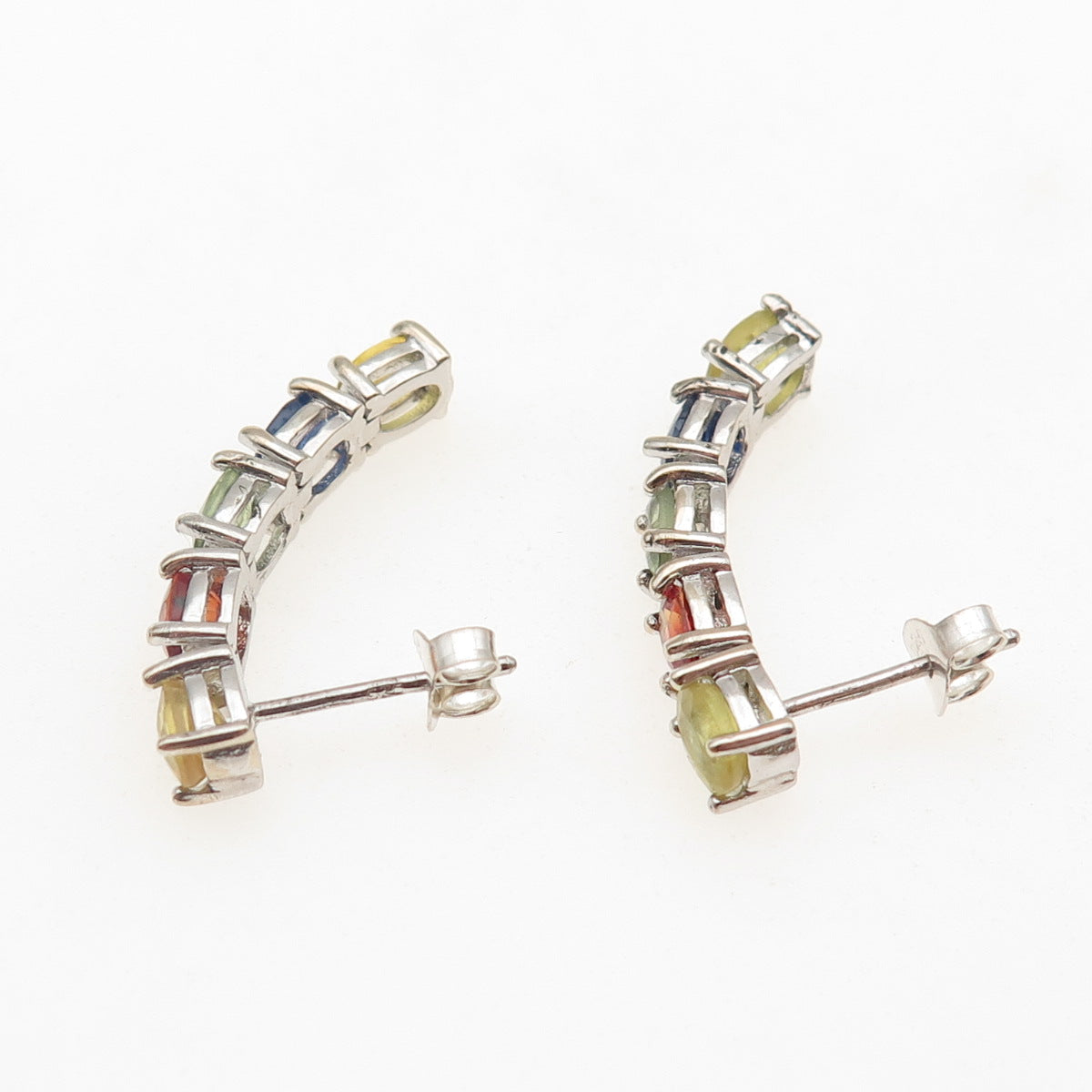 925 Sterling Silver Real Oval-Cut Multi-Color Sapphire Bar Earrings