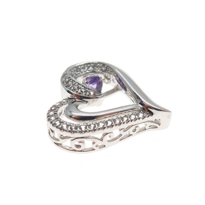 925 Sterling Silver Real Amethyst & White Topaz Heart Minimalist Slide Pendant