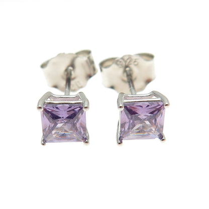 925 Sterling Silver Princess-Cut Shaped Purple C Z Stud Earrings