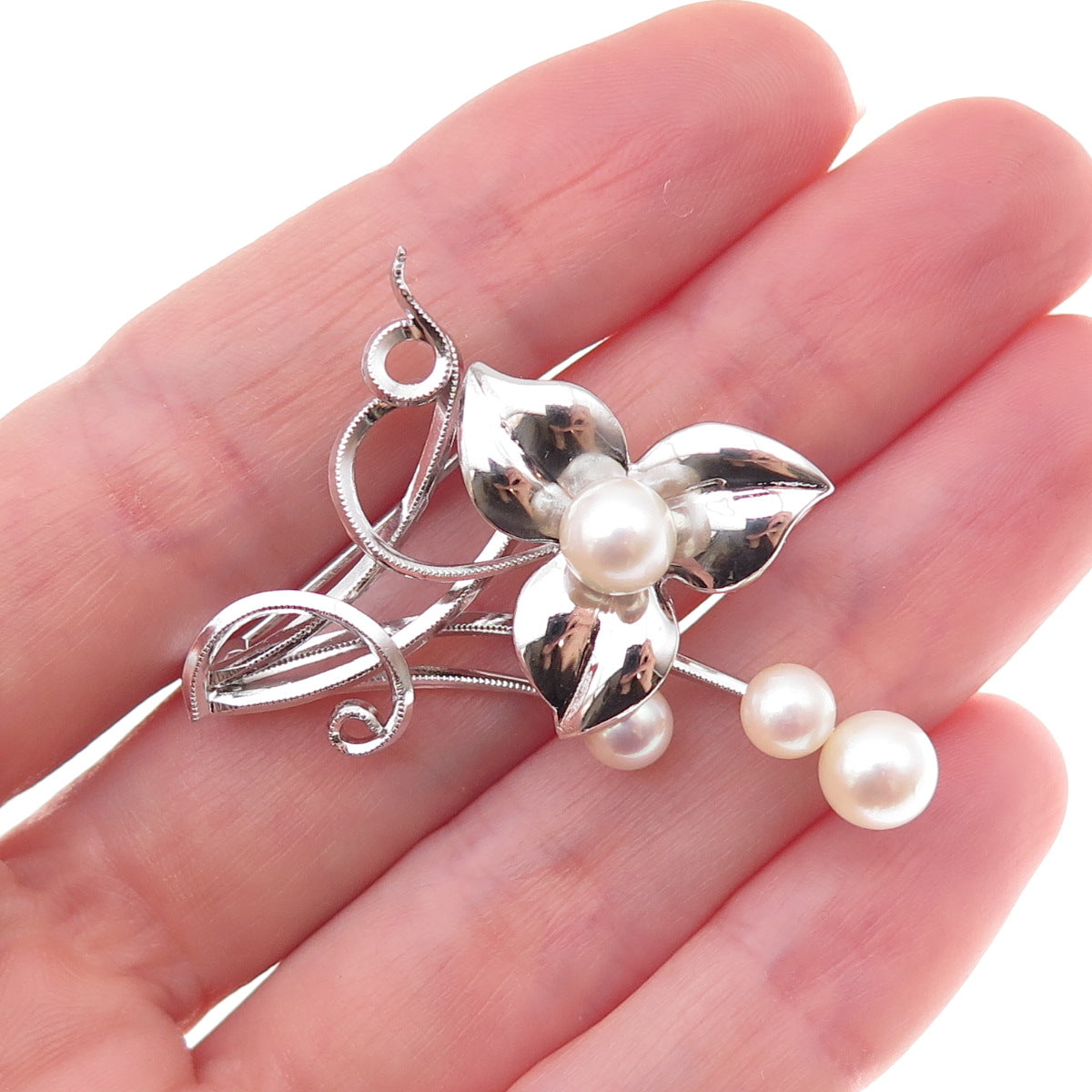 925 Sterling Silver Vintage Real Pearl Floral Pin Brooch