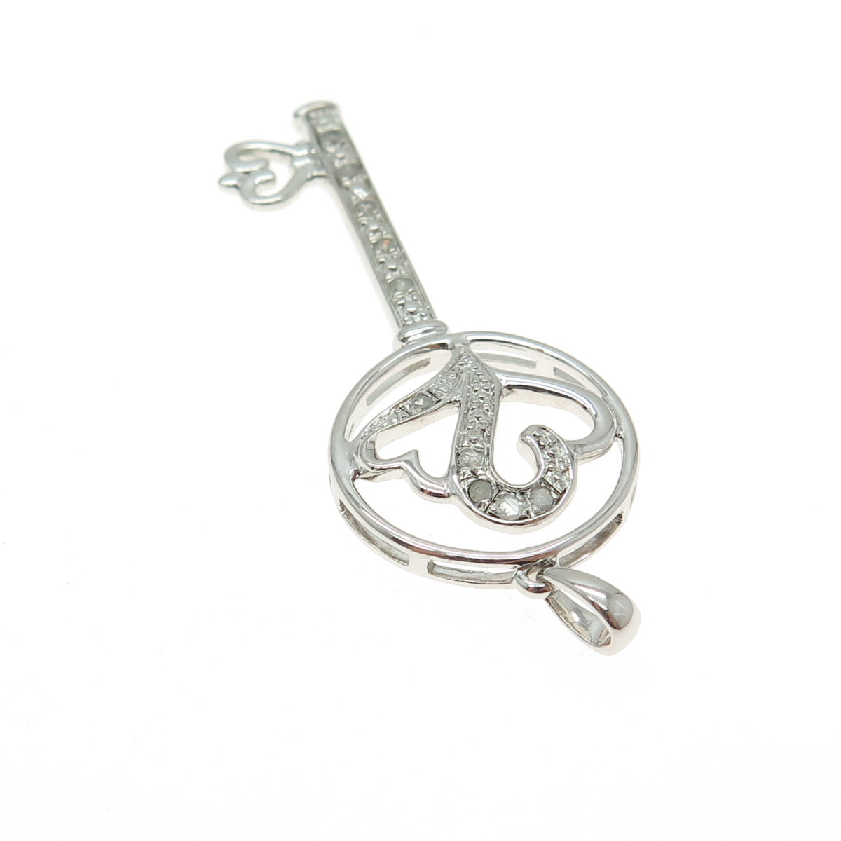 925 Sterling Silver Real Round-Cut Diamond Heart Key Pendant