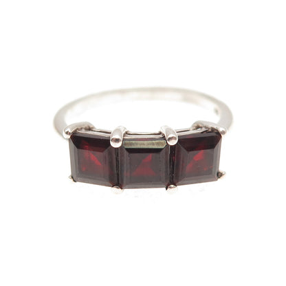 925 Sterling Silver Vintage Real Princess-Cut Red Garnet Ring Size 7.25
