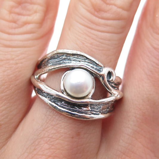 HAGIT GORALI 925 Sterling Vintage Israel Pearl Modernist Oxidized Ring Size 8.5
