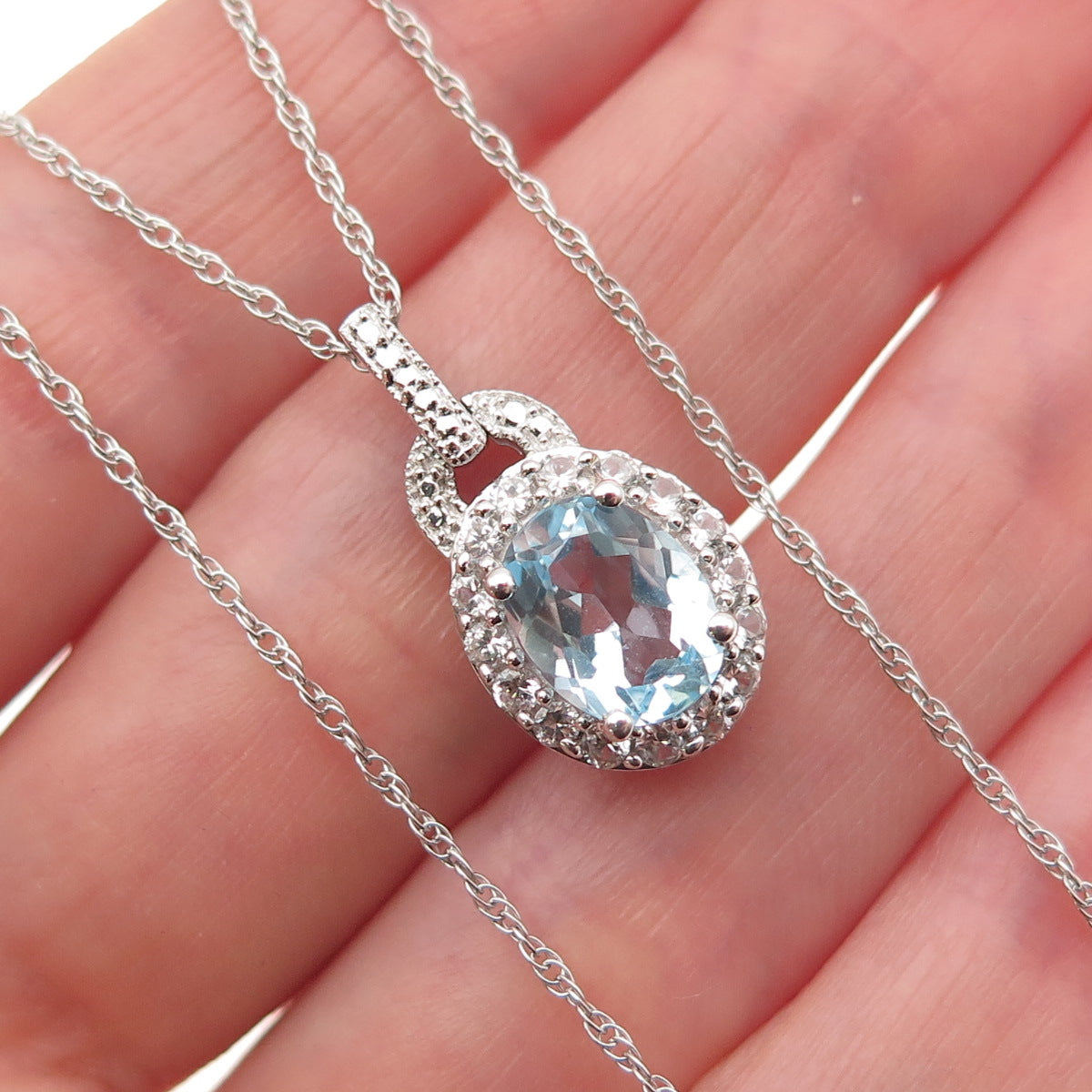 JH YOUNG 925 Sterling Silver Vintage Real Blue & White Topaz Chain Necklace 18"