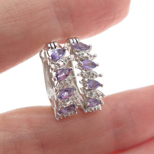 ROSS SIMONS 925 Sterling Silver Diamond Accent Amethyst Gem Hinged Hoop Earrings