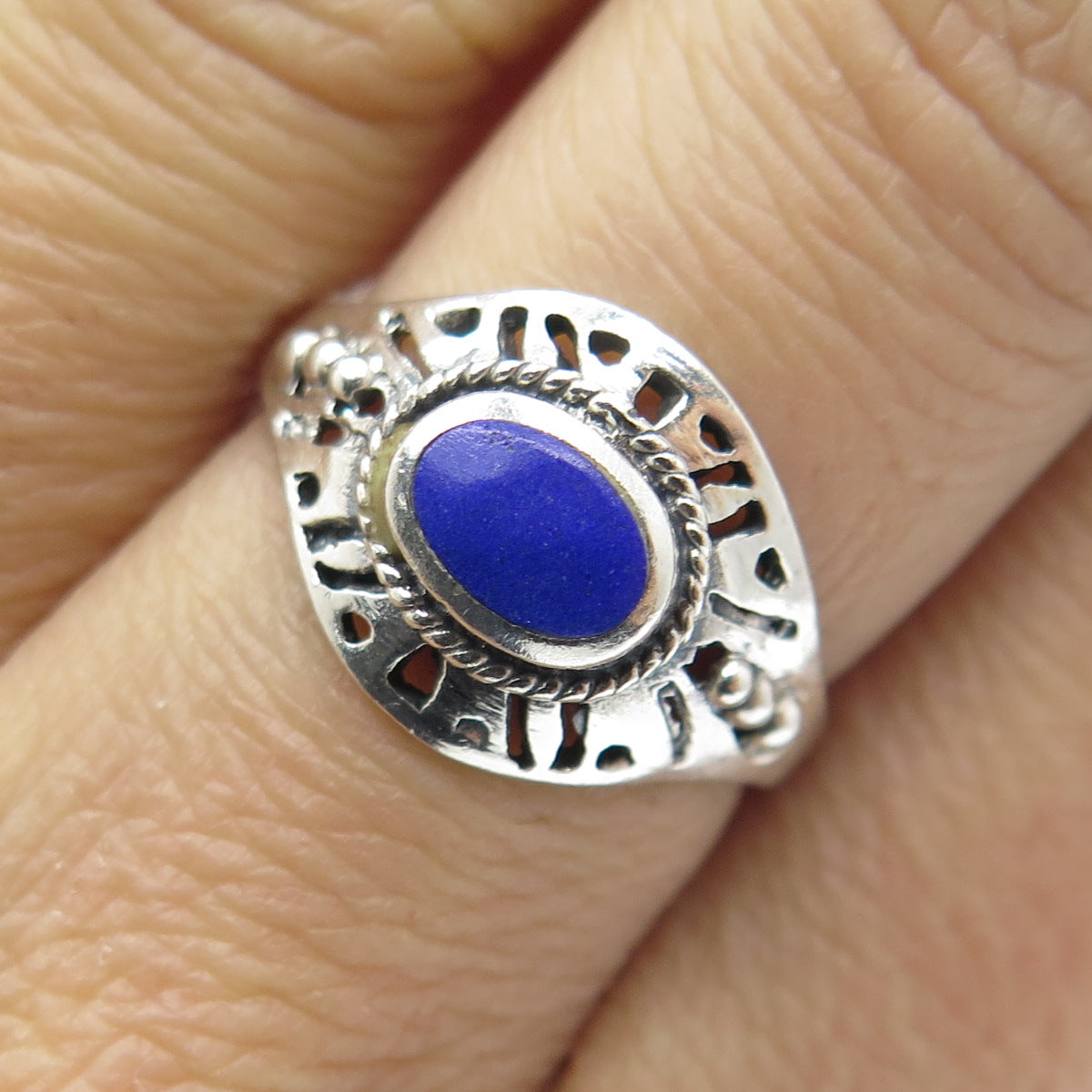 925 Sterling Silver Vintage Real Lapis Lazuli Modernist Ring Size 6.5