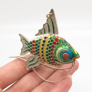 925 Sterling Silver Antique Enamel Chinese Koi Fish Articulated Chatelaine Fob