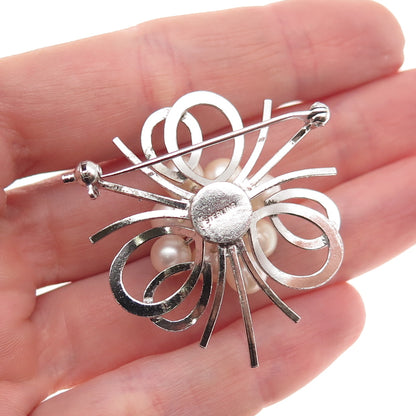 925 Sterling Silver Antique Art Deco Real Akoya Pearl Floral Pin Brooch
