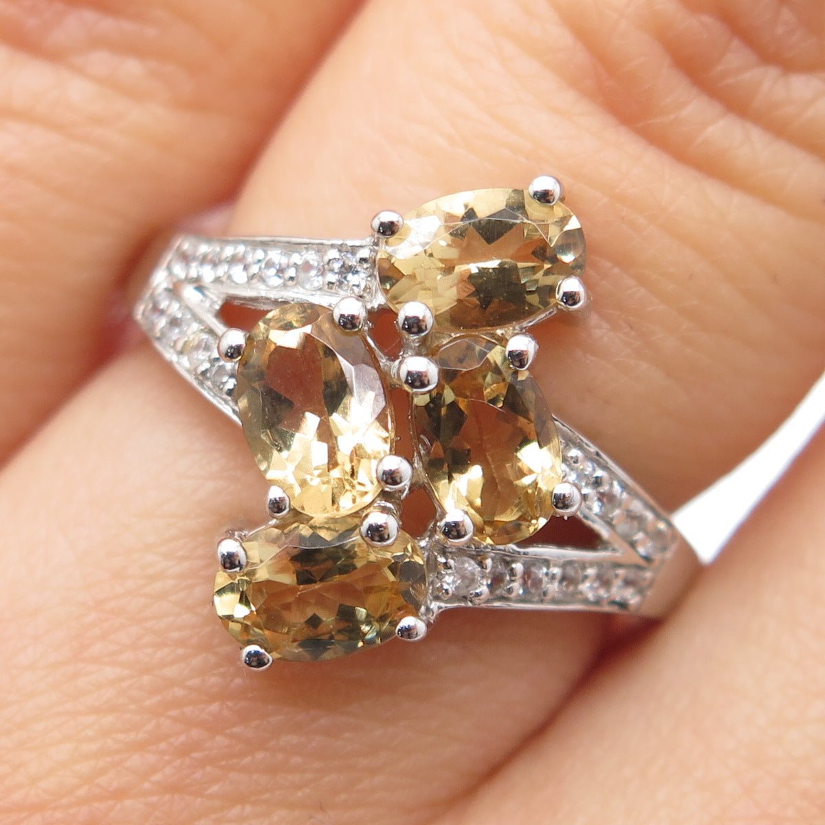 925 Sterling Silver Real Oval-Cut Citrine & White Topaz Bypass Ring Size 6.25