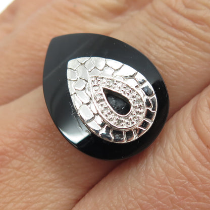 925 Sterling Silver Real Round-Cut Diamond Black Onyx Dragon Skin Ring Size 8.25