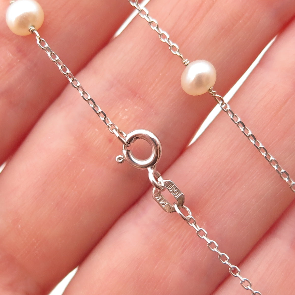 14K White Gold Real Pearl By The Yard Cable Chain Necklace 16"