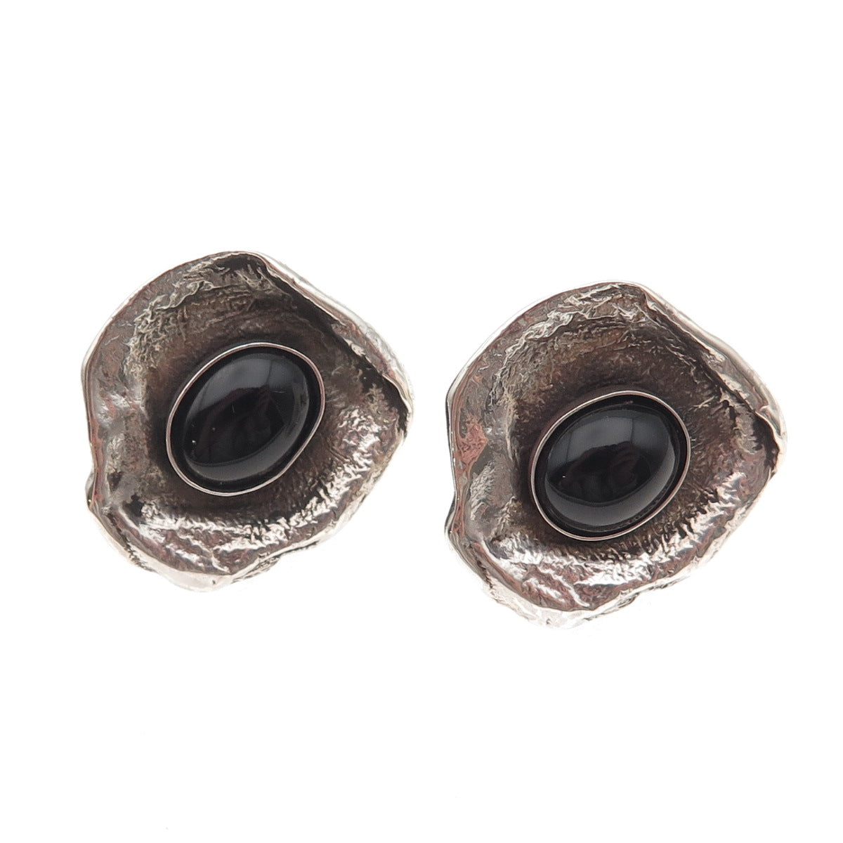 925 Sterling Silver Vintage Real Black Onyx Modernist Oxidized Earrings