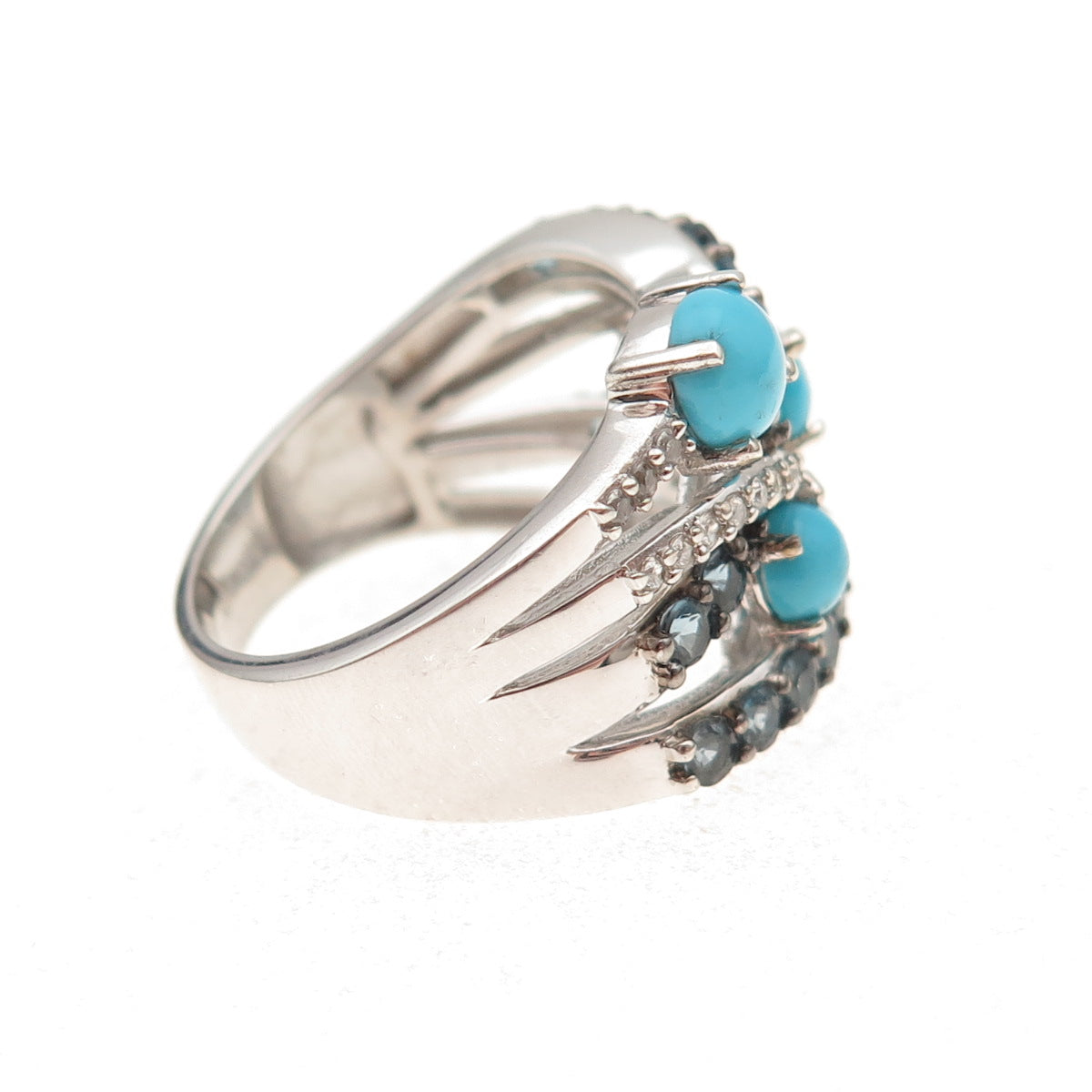 925 Sterling Silver Real Turquoise London Blue & White Topaz Ring Size 8.25