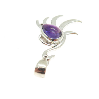 925 Sterling Silver Real Pear-Cut Amethyst Gemstone Swan Modernist Pendant