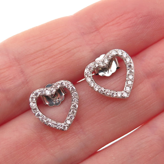 925 Sterling Silver Round-Cut C Z Open Heart Stud Earrings