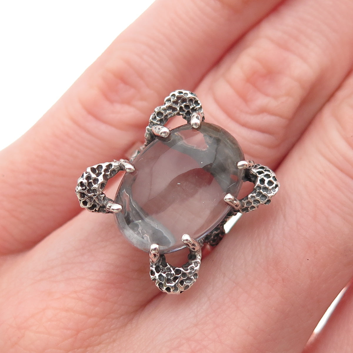 925 Sterling Silver Vintage Real Clear Quartz Modernist Oxidized Ring Size 5.5