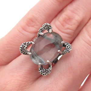 925 Sterling Silver Vintage Real Clear Quartz Modernist Oxidized Ring Size 5.5