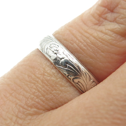 925 Sterling Silver Antique Art Deco Engraved Flower Band Ring Size 5.75