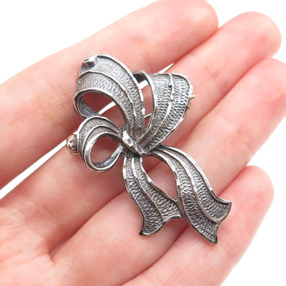 925 Sterling Silver Vintage Mexico Ribbon Bow Oxidized Pin Brooch