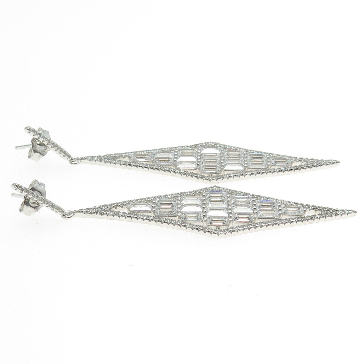 925 Sterling Silver Emerald-Cut Shaped C Z Rhombus Elongated Dangling Earrings