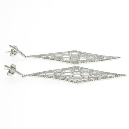 925 Sterling Silver Emerald-Cut Shaped C Z Rhombus Elongated Dangling Earrings