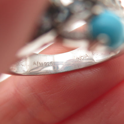 925 Sterling Silver Real Turquoise London Blue & White Topaz Ring Size 8.25