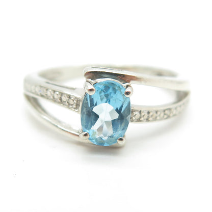 925 Sterling Silver Real Round-Cut Diamond & Blue Topaz Bypass Ring Size 6.75