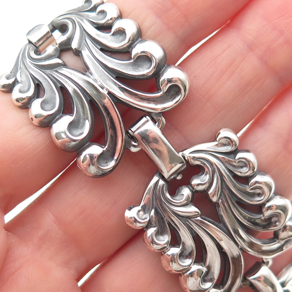 Danecraft 925 Sterling Silver Antique Art Deco Floral Panel Link Bracelet 7.75"