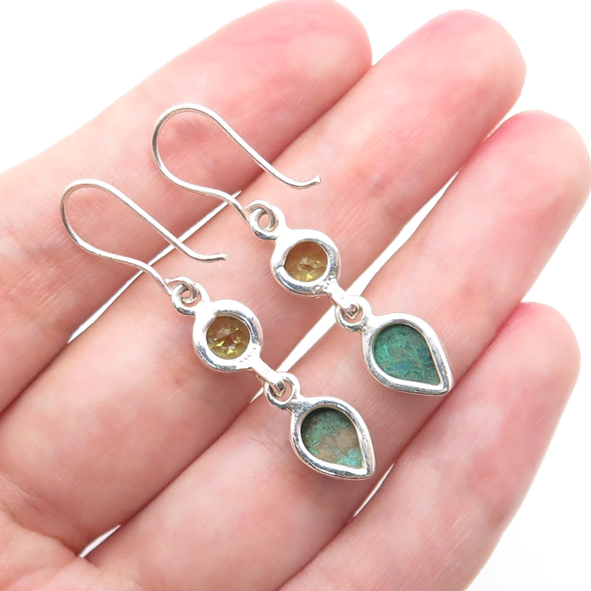 925 Sterling Silver Vintage Real Azurite & Peridot Dangle Earrings