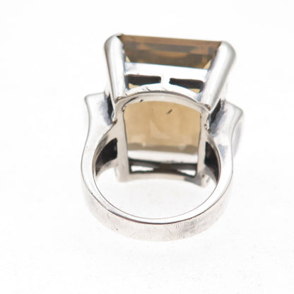 950 Silver Vintage Real Emerald-Cut Smoky Quartz Oxidized Ring Size 7