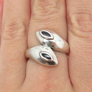 925 Sterling Silver Vintage Real Black Onyx Gemstone Modernist Ring Size 7.5