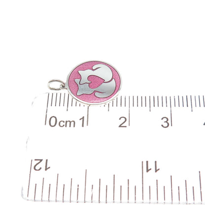 925 Sterling Silver Pink Enamel Mom & Child Cat Heart Minimalist Charm Pendant
