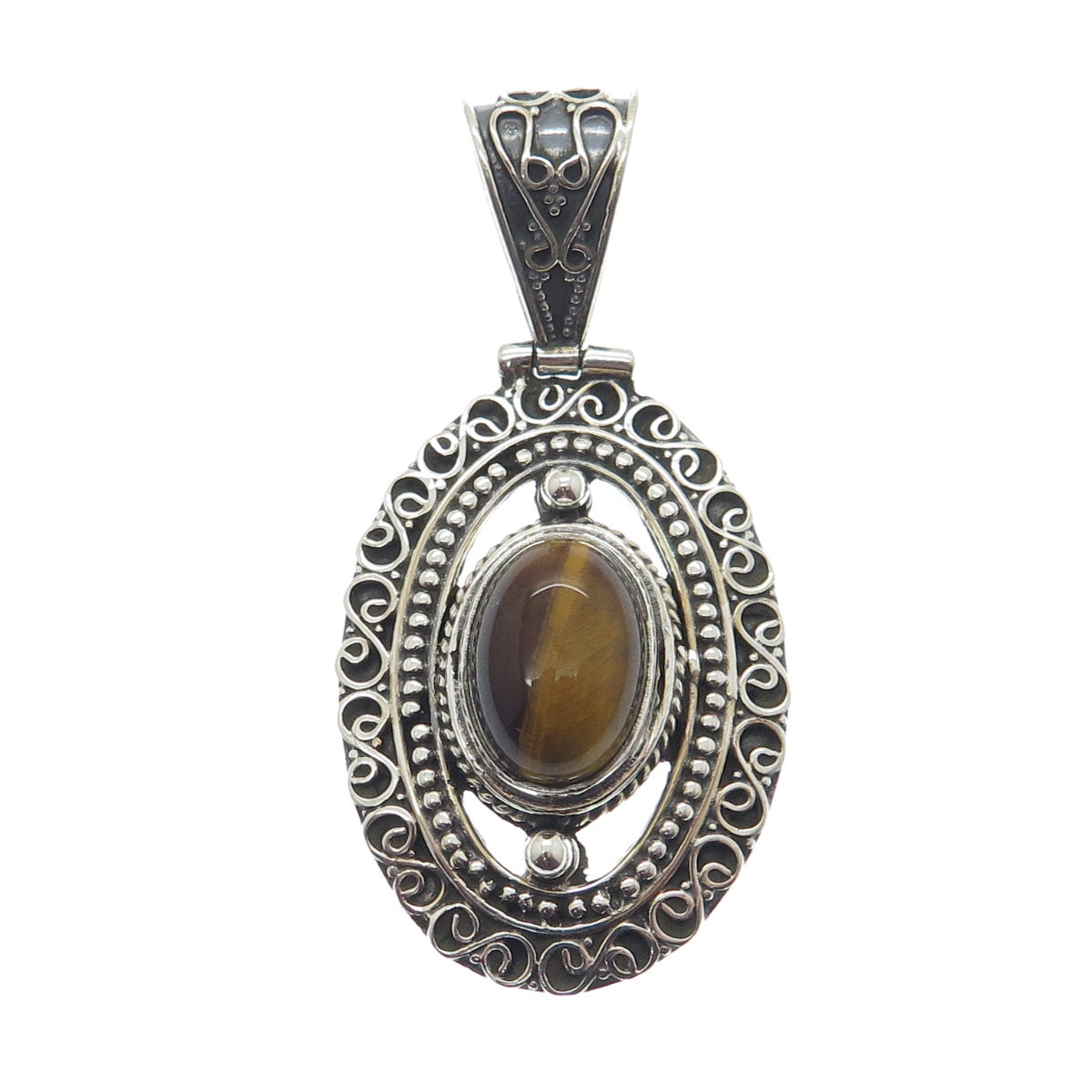 925 Sterling Silver Vintage Real Tiger Eye Boho Ornate Pendant