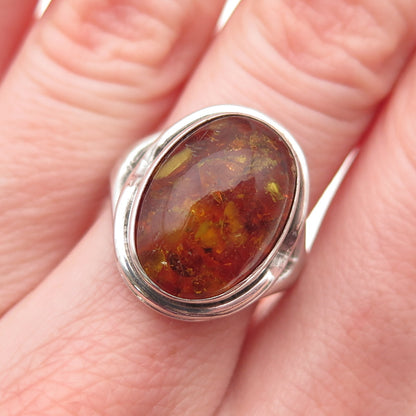 Fischland 835 Silver Vintage Germany Real Amber Modernist Ring Size 7.5