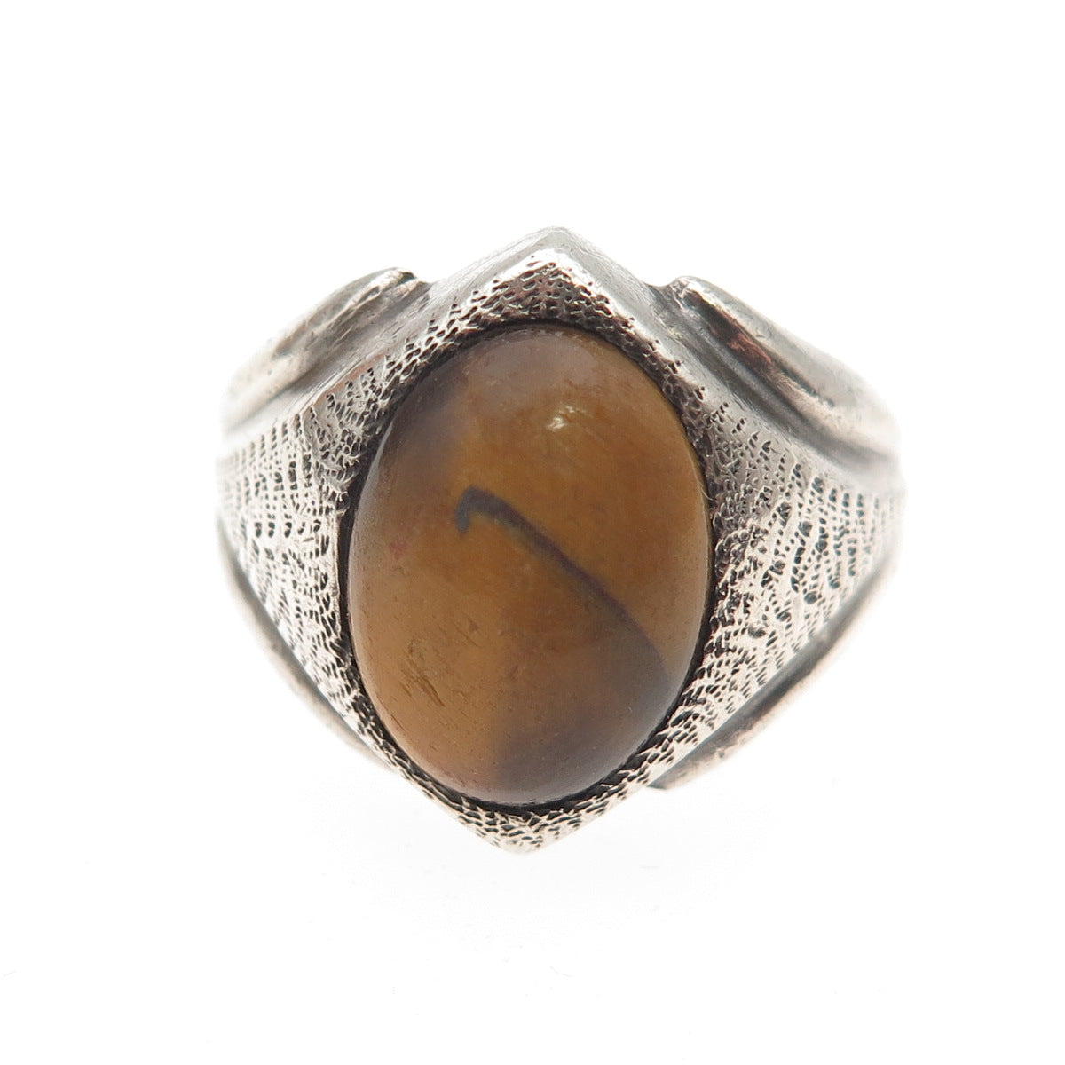925 Sterling Silver Vintage Real Tiger Eye Modernist Oxidized Ring Size 8.5