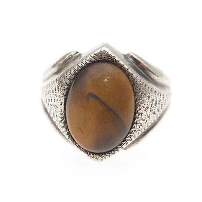 925 Sterling Silver Vintage Real Tiger Eye Modernist Oxidized Ring Size 8.5