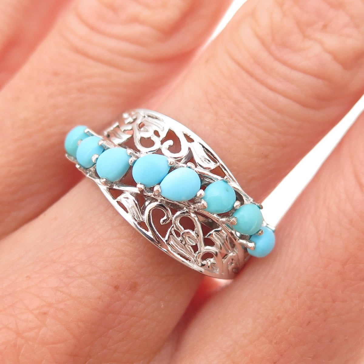 Chuck Clemency 925 Sterling Silver Real Turquoise Floral Scroll Ring Size 8.25