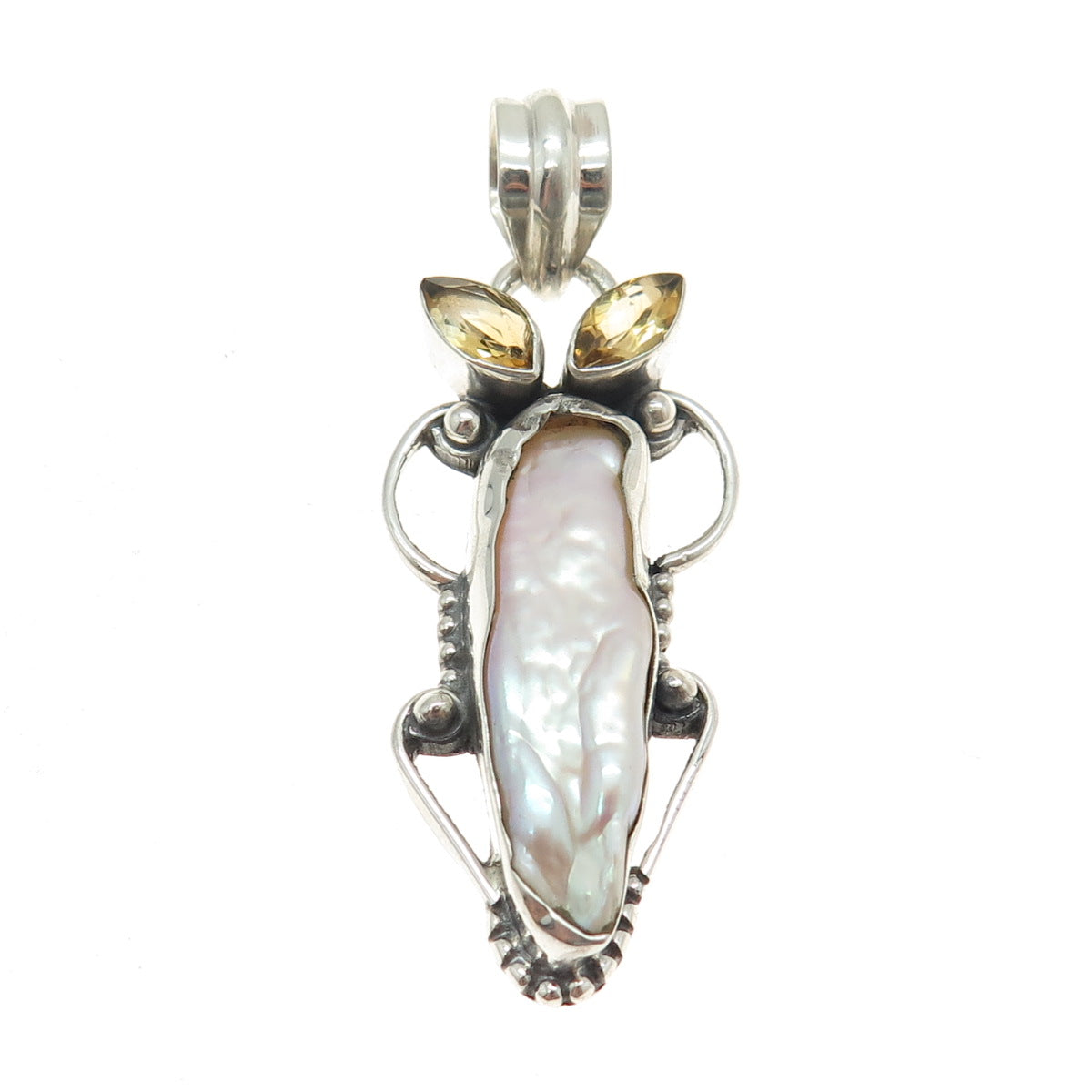 925 Sterling Silver Vintage Real Baroque Pearl & Citrine Modernist Pendant