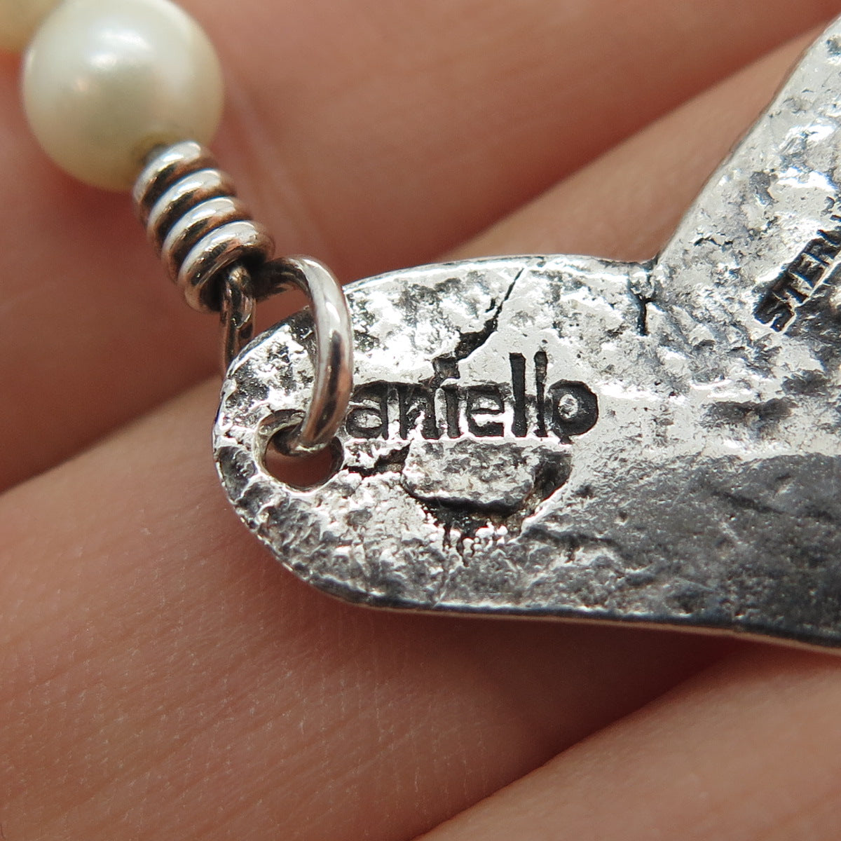 Aniello 925 Sterling Vintage Real Pearl Heart Oxidized Centerpiece Necklace Part