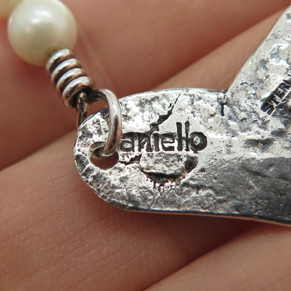 Aniello 925 Sterling Vintage Real Pearl Heart Oxidized Centerpiece Necklace Part