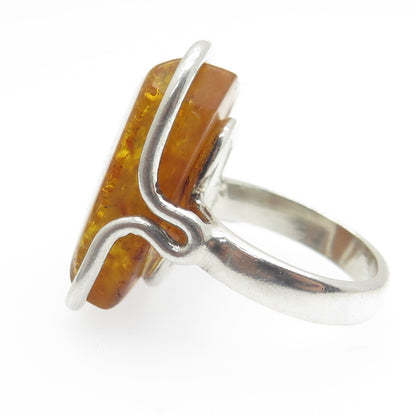 925 Sterling Silver Vintage European Real Amber Modernist Ring Size 6.75