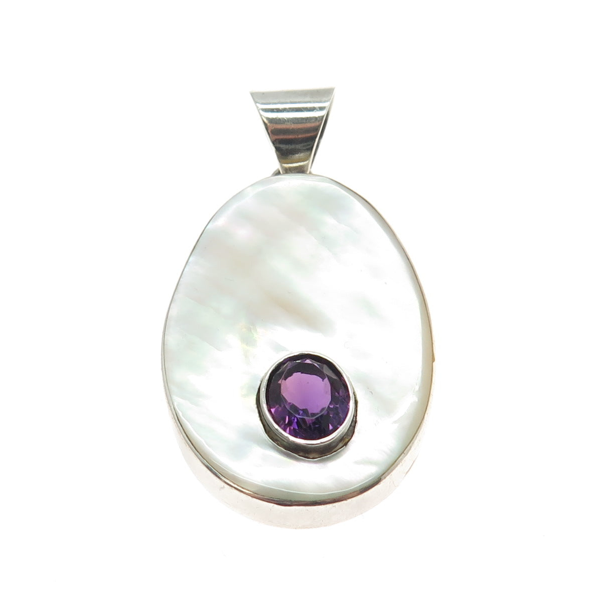 925 Sterling Silver Vintage Real Amethyst & MOP Oval Pendant