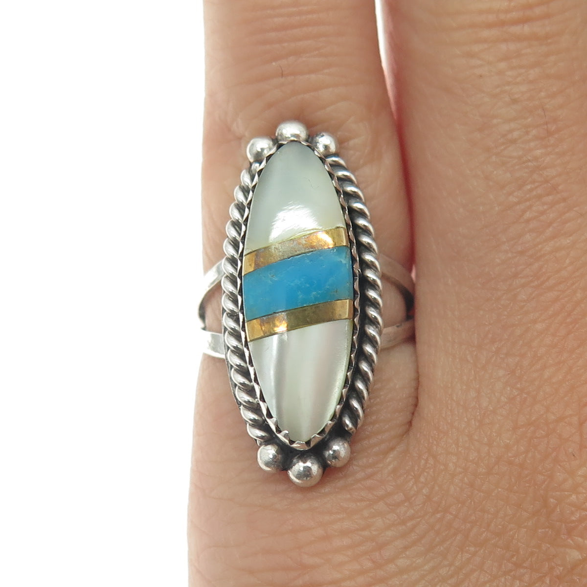 JONATHAN BEYUKA ZUNI Old Pawn Sterling Silver 2-Tone Turquoise & MOP Ring Size 5