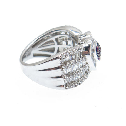 925 Sterling Silver Real Round-Cut Ruby & C Z Heart Ring Size 7.25
