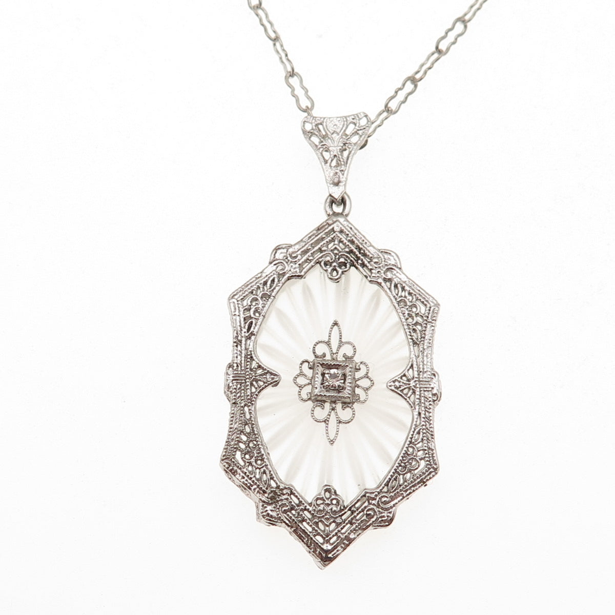 925 Sterling Antique Art Deco Rhinestone & Camphor Frosted Glass Necklace 18"