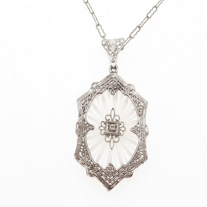 925 Sterling Antique Art Deco Rhinestone & Camphor Frosted Glass Necklace 18"
